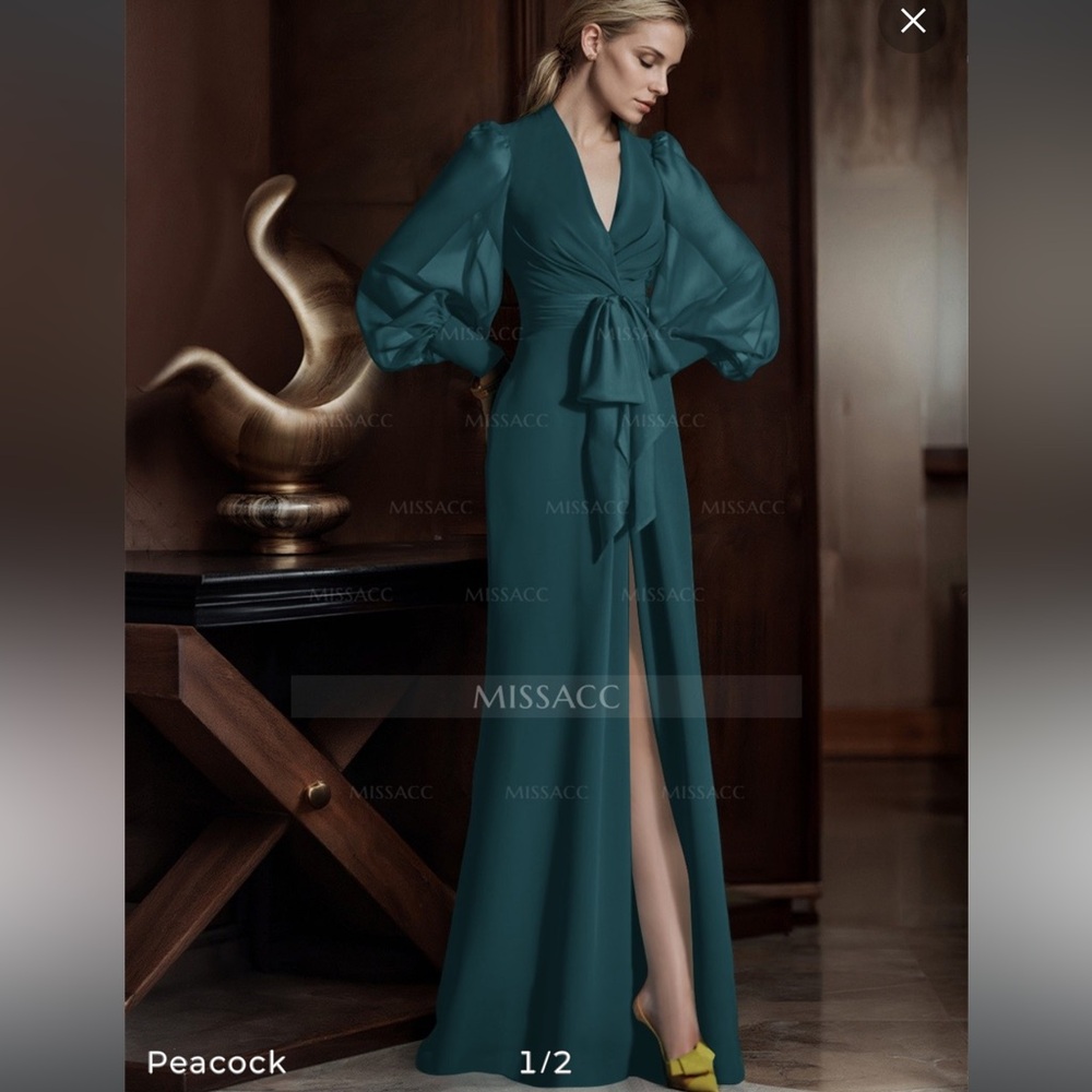 Elegant Teal Evening Gown with Slit, Button back, V Neck, Bishop Sleeves